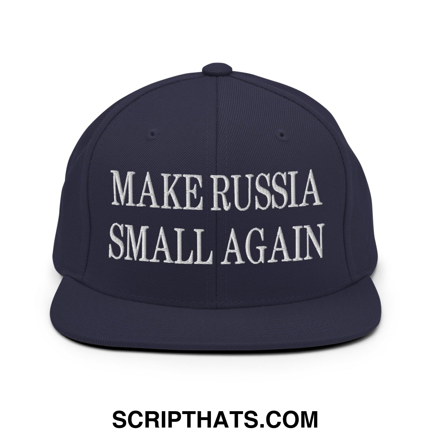 Navy blue snapback hat with flat bill and white embroidered text make russia small again on front