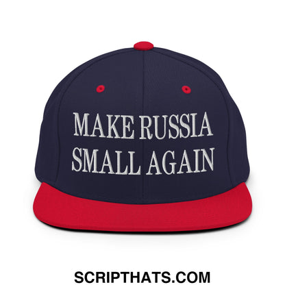 Navy blue and red snapback hat with white embroidered make russia small again text and flat bill brim design