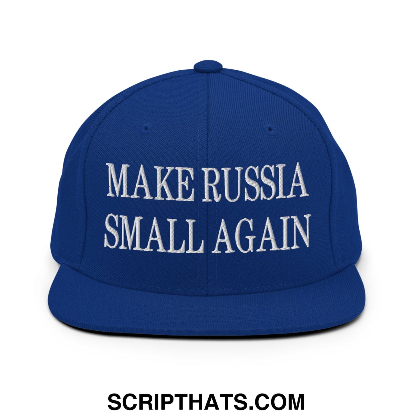 Royal blue snapback hat with white embroidered make Russia small again text and flat bill brim design