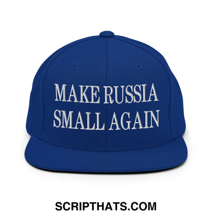 Royal blue snapback hat with white embroidered make Russia small again text and flat bill brim design