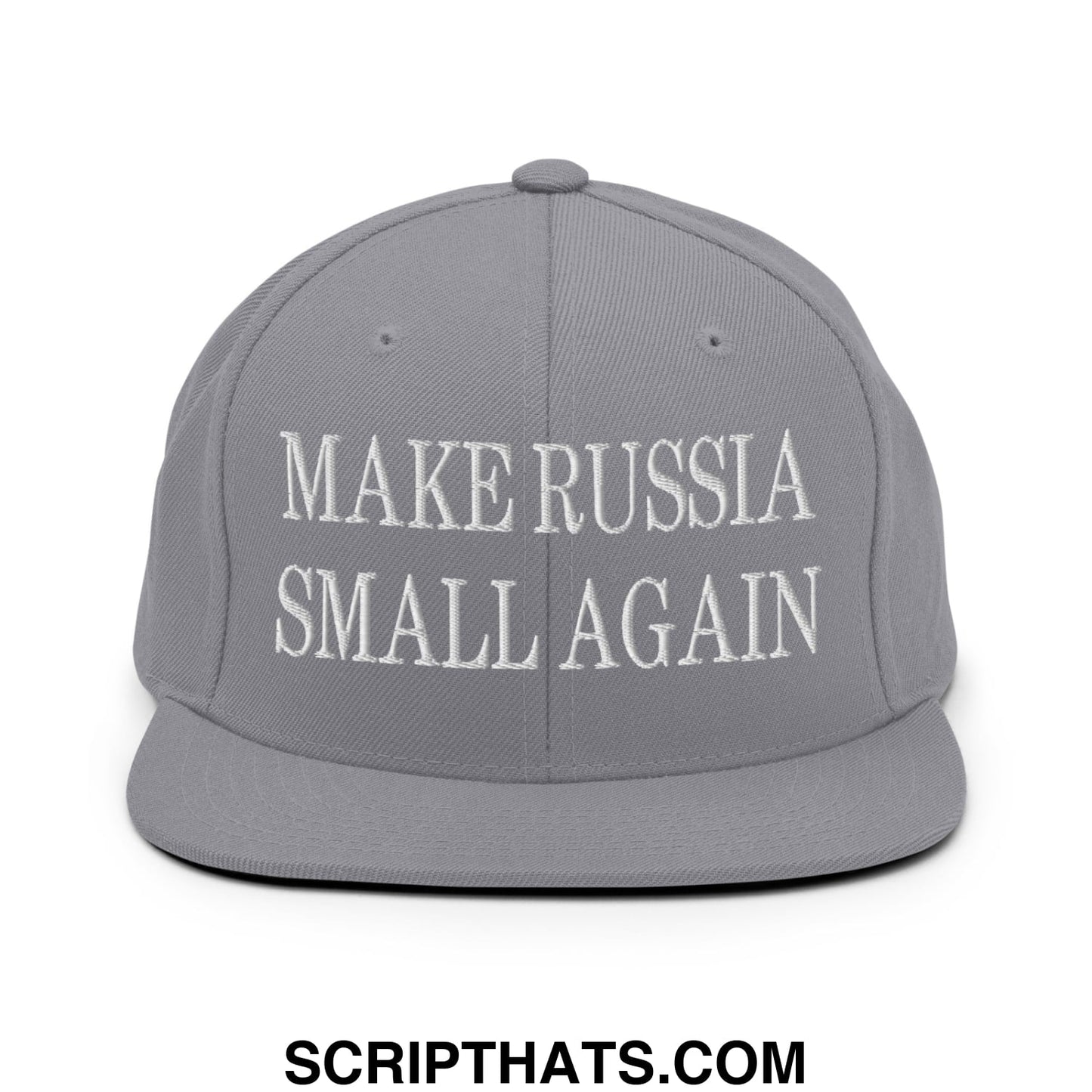 Gray snapback hat with white embroidered make russia small again text and flat bill brim for casual wear