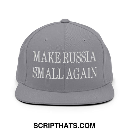 Gray snapback hat with white embroidered make russia small again text and flat bill brim for casual wear