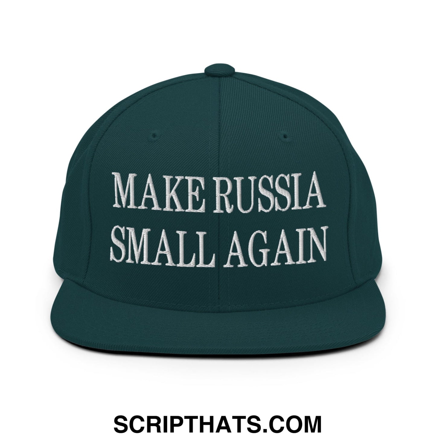 Dark green snapback cap with white embroidered make Russia small again text and flat bill brim design