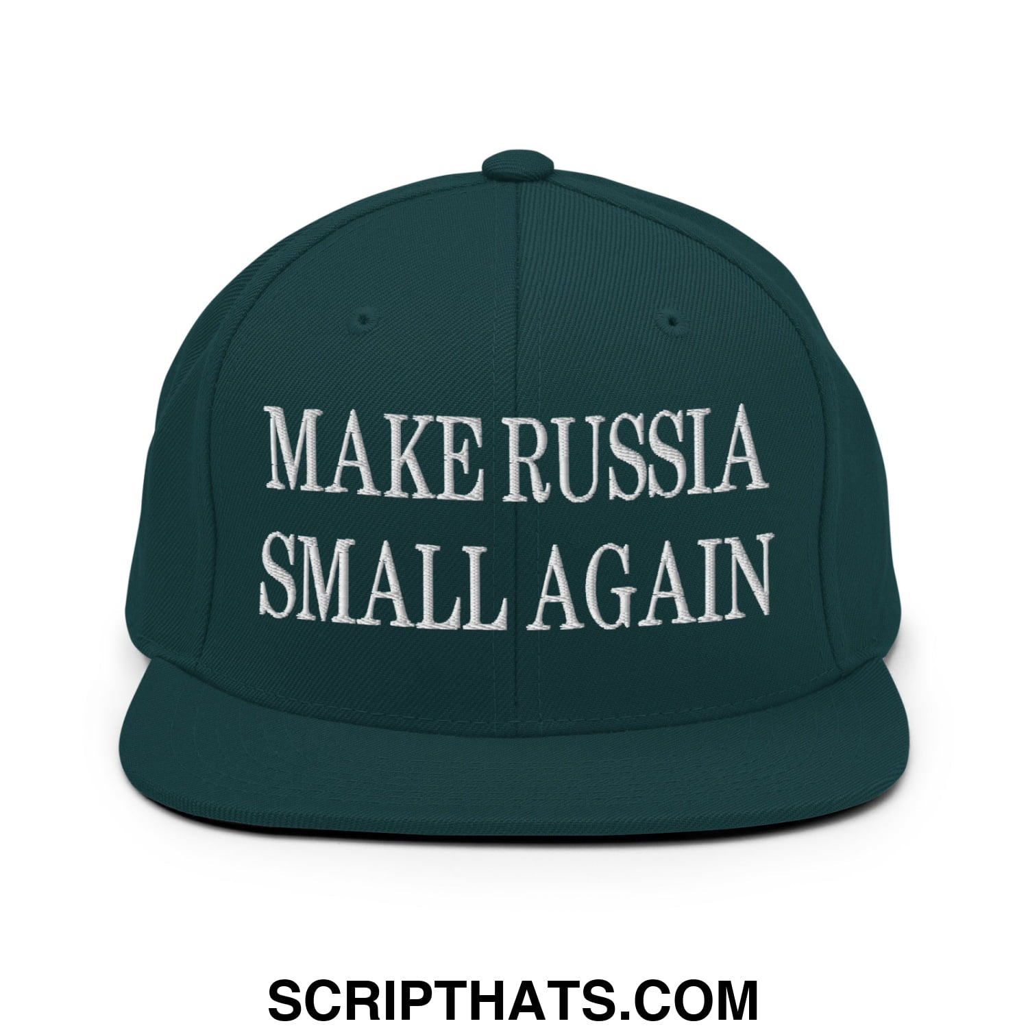 Dark green snapback cap with white embroidered make Russia small again text and flat bill brim design