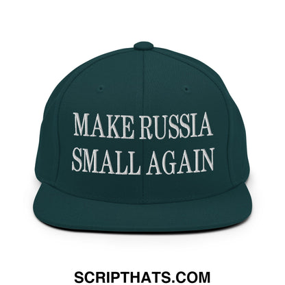 Dark green snapback cap with white embroidered make Russia small again text and flat bill brim design