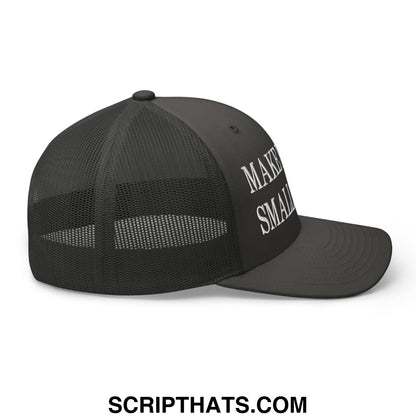Black mesh trucker hat with white embroidered make it small text on the side from make russia small again collection