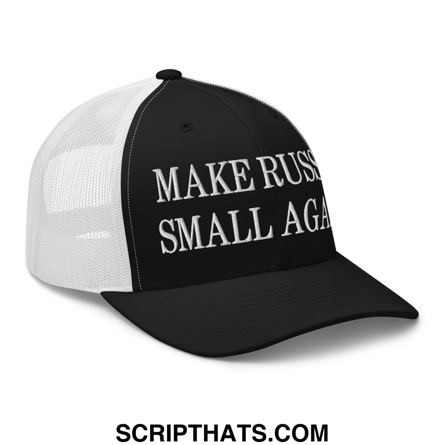 Black and white mesh trucker hat with embroidered make Russia small again text in bold capital letters