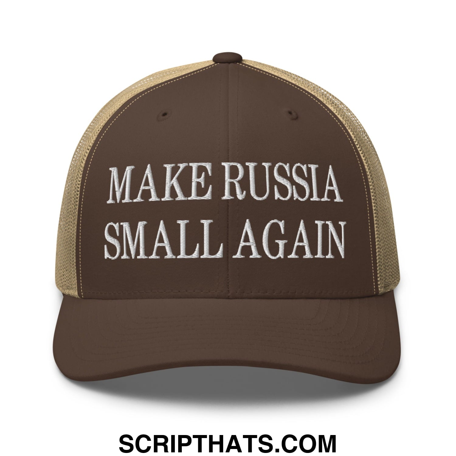 Brown and tan mesh trucker hat with white embroidered make russia small again text front panel