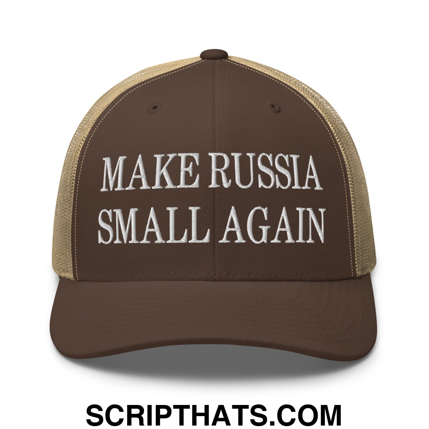 Make Russia Small Again Embroidered Mesh Trucker Hat Brown Khaki