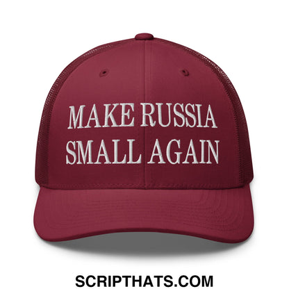 Maroon embroidered mesh trucker hat with white make russia small again text across the front panel