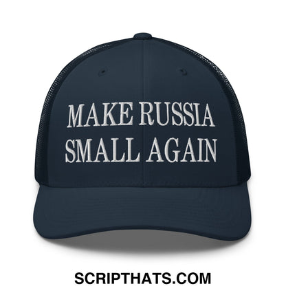 Dark navy blue embroidered mesh trucker hat with white text make russia small again across the front
