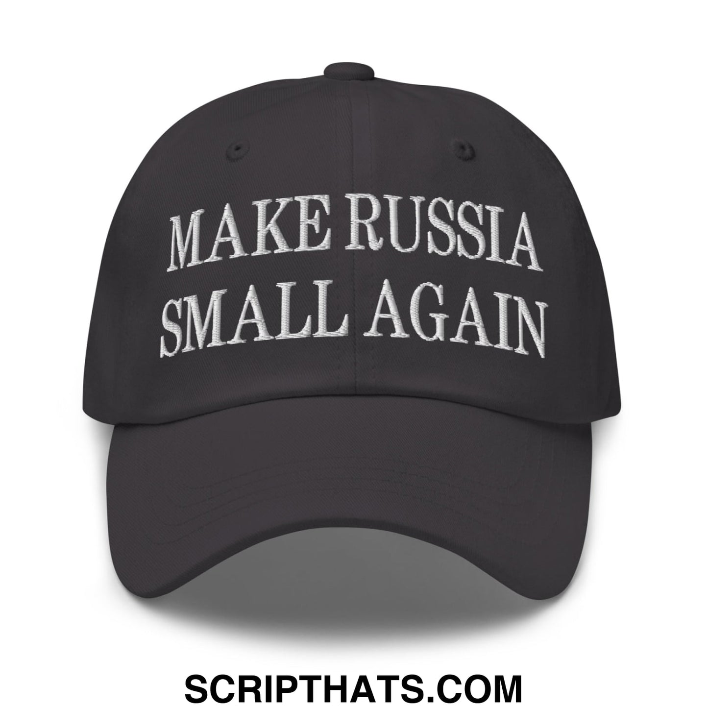 Black unstructured dad hat with white embroidered text reading make russia small again for casual wear