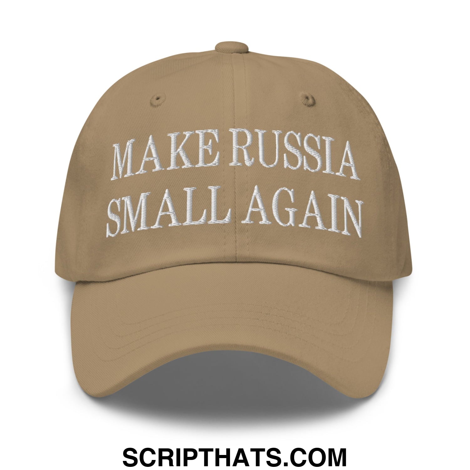 Beige embroidered unstructured dad hat with white text make russia small again for casual wear