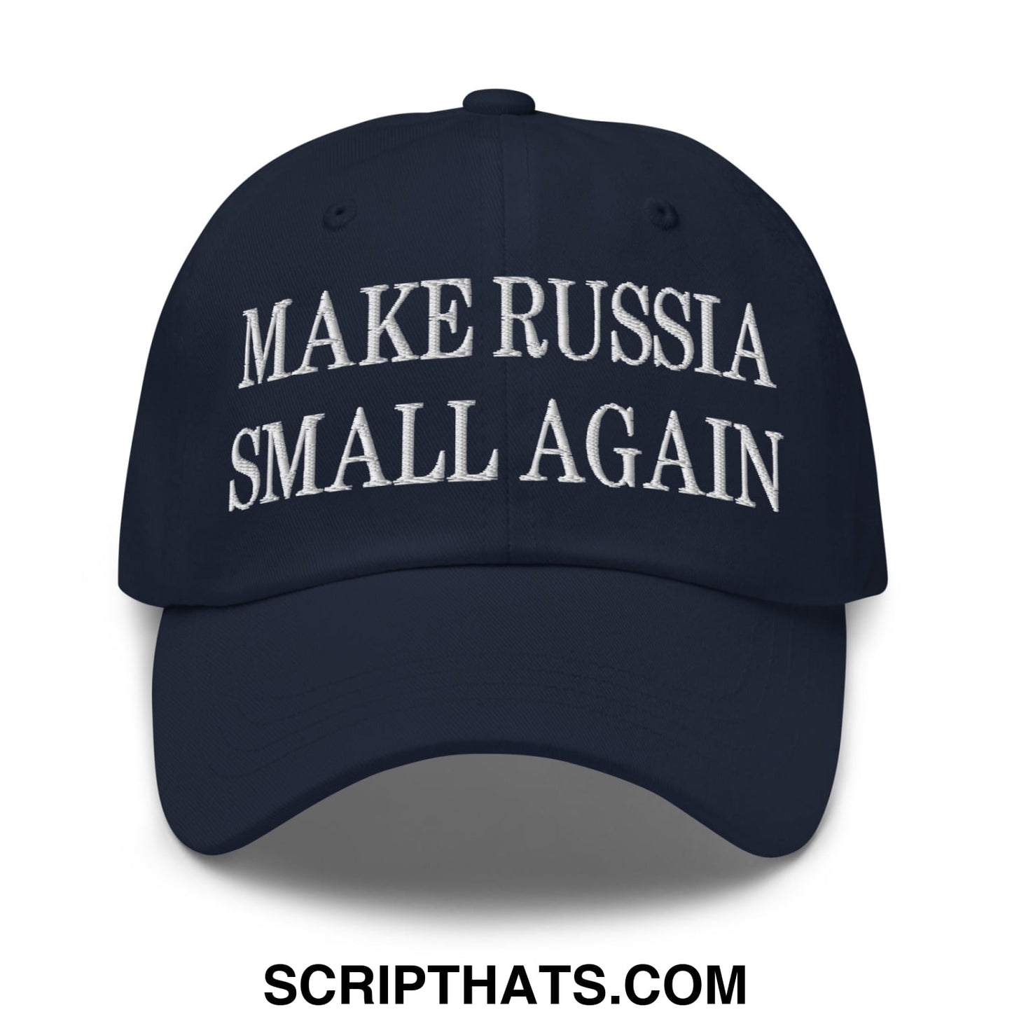 Navy blue unstructured dad hat with white embroidered text reading make russia small again