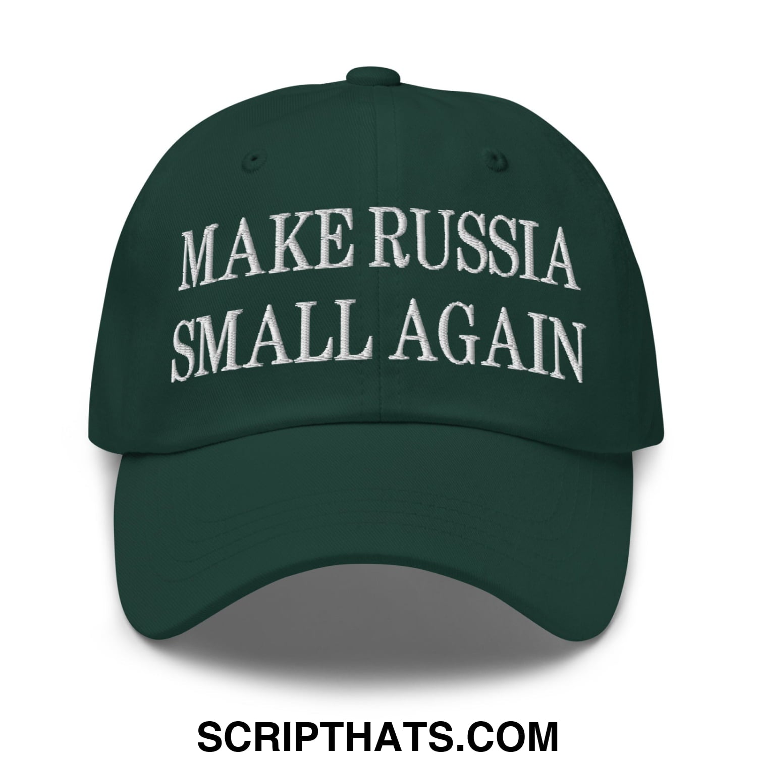 Dark green embroidered unstructured dad hat with white make russia small again text for casual wear
