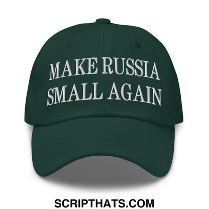 Dark green embroidered unstructured dad hat with white make russia small again text for casual wear