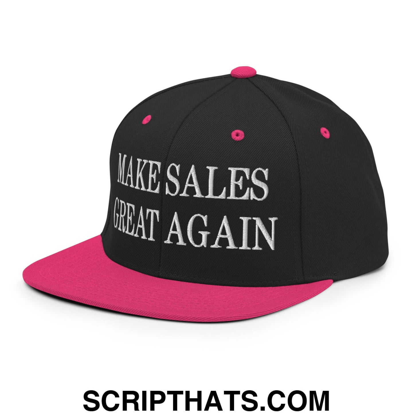 Black snapback cap with vibrant pink brim and button featuring white embroidered make sales great again text