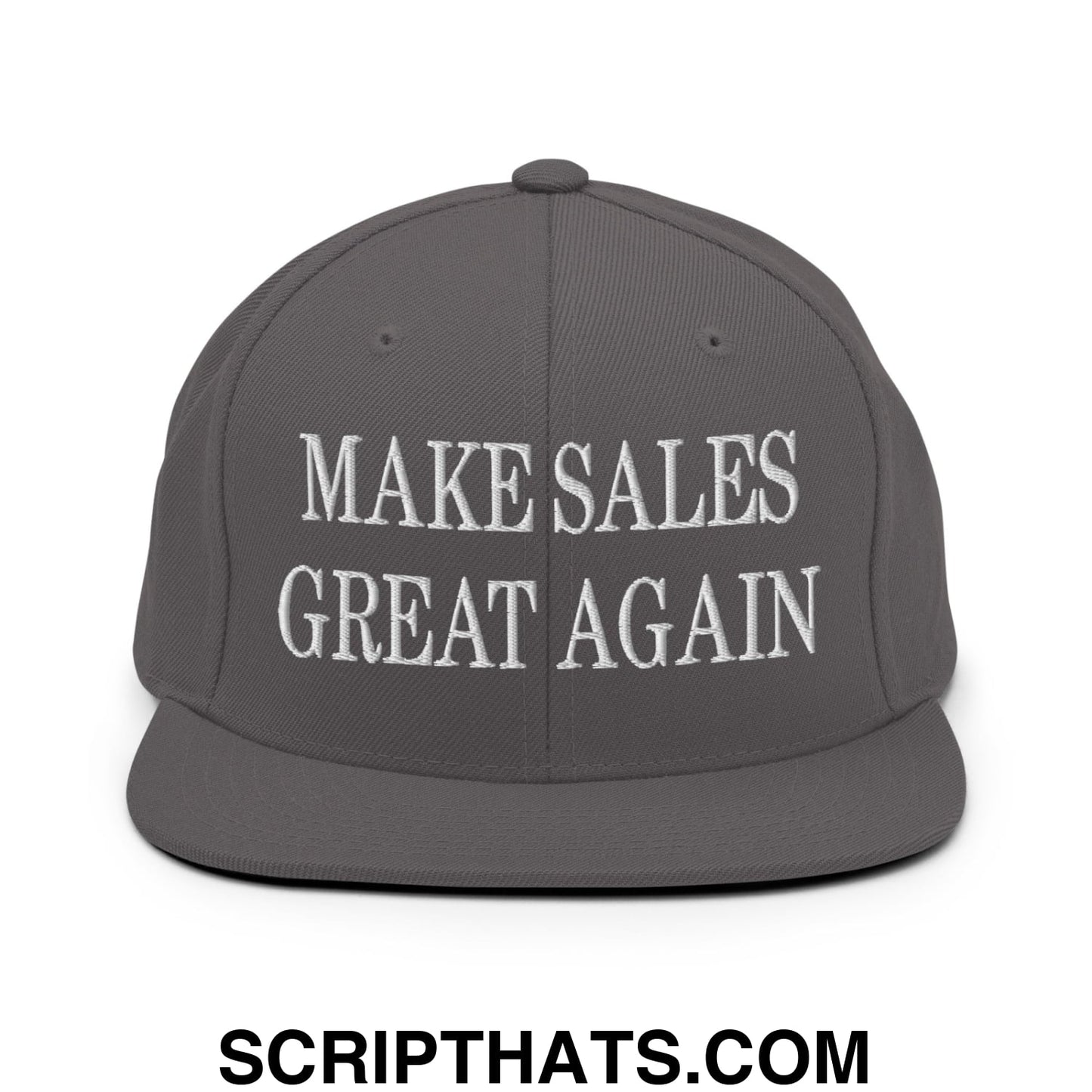 A dark gray snapback hat with a flat bill brim featuring white embroidered text make sales great again