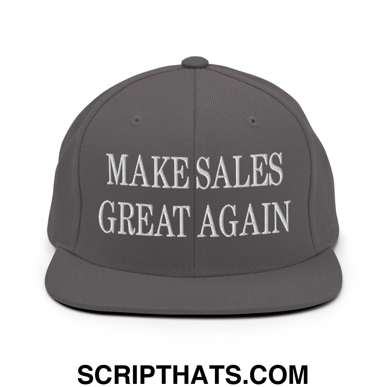 A dark gray snapback hat with a flat bill brim featuring white embroidered text make sales great again