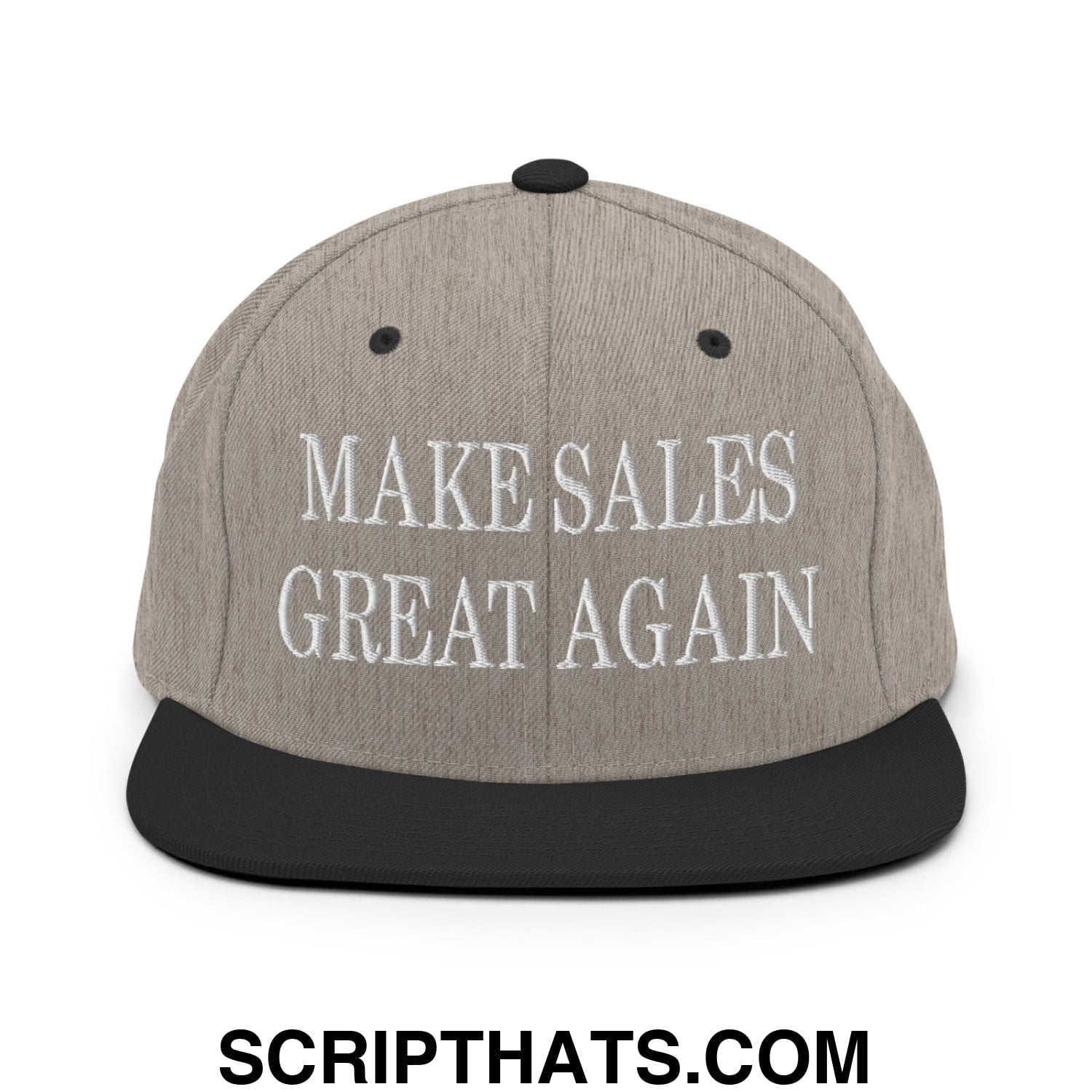 Gray and black flat bill brim snapback hat with white embroidered text reading make sales great again