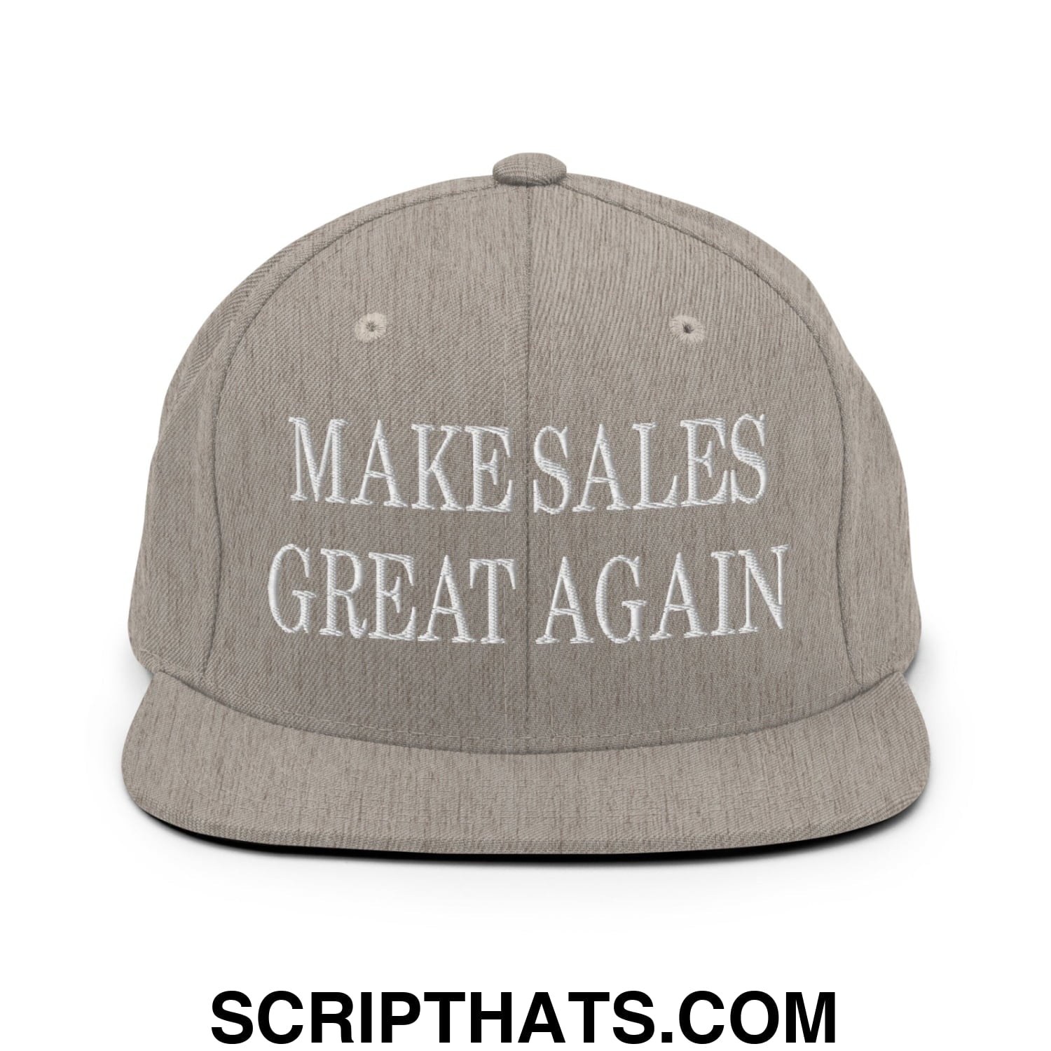 Gray snapback hat with white embroidered make sales great again text and flat bill brim for sales motivation