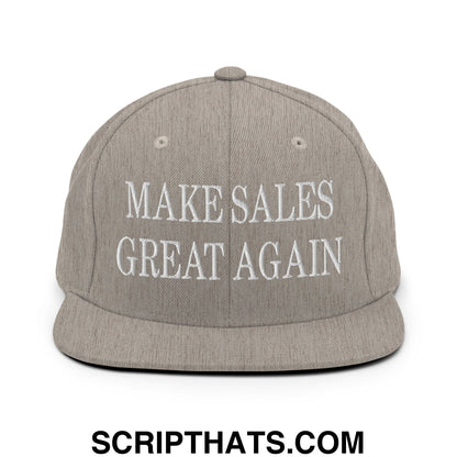 Gray snapback hat with white embroidered make sales great again text and flat bill brim for sales motivation