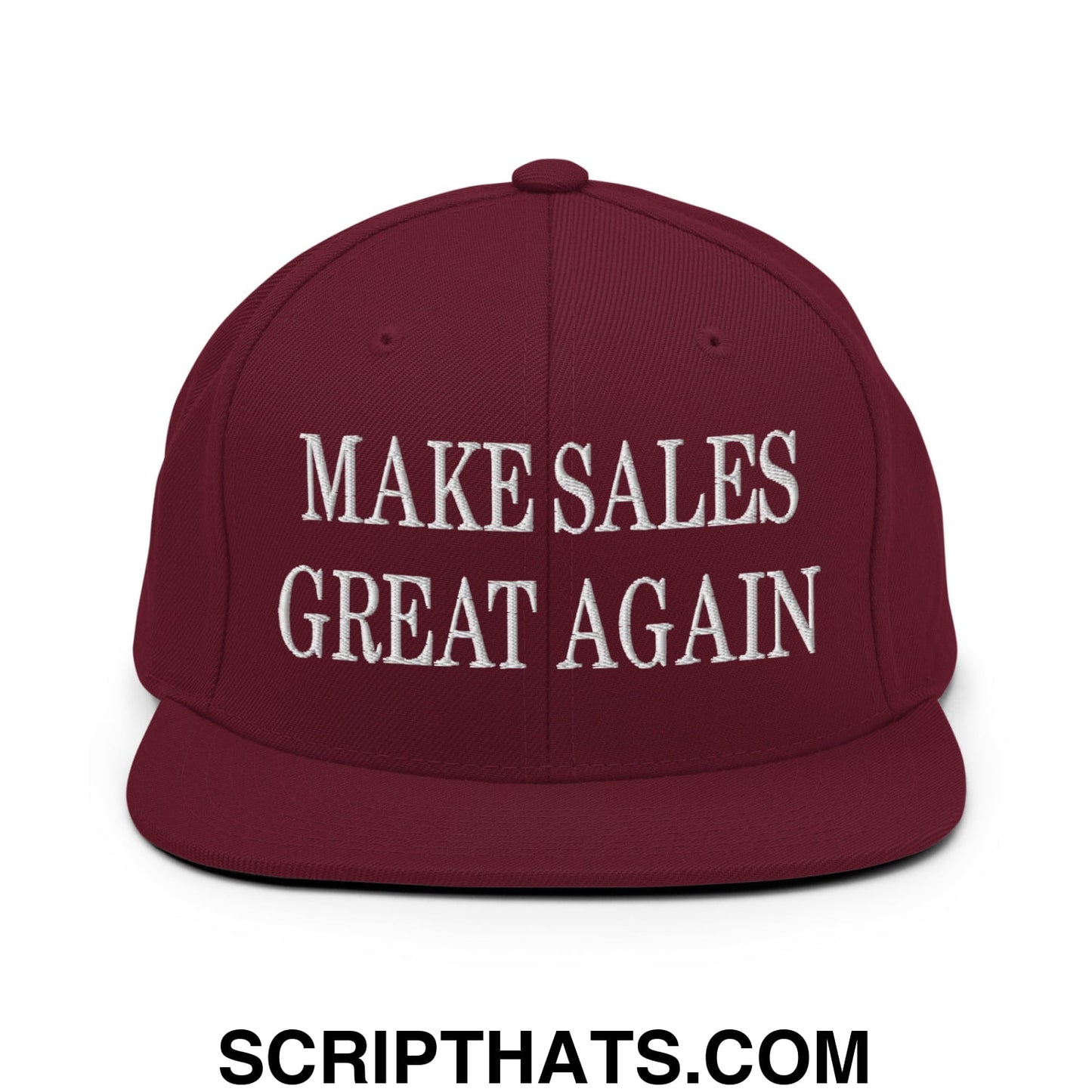 Maroon flat bill brim snapback hat with white embroidered make sales great again text for sales motivation