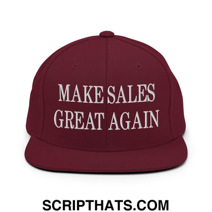 Maroon flat bill brim snapback hat with white embroidered make sales great again text for sales motivation