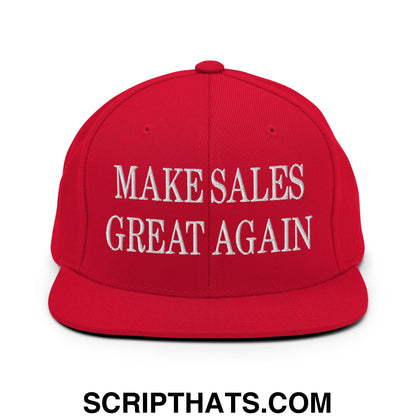 Red snapback hat with white embroidered make sales great again text and flat bill brim for sales motivation