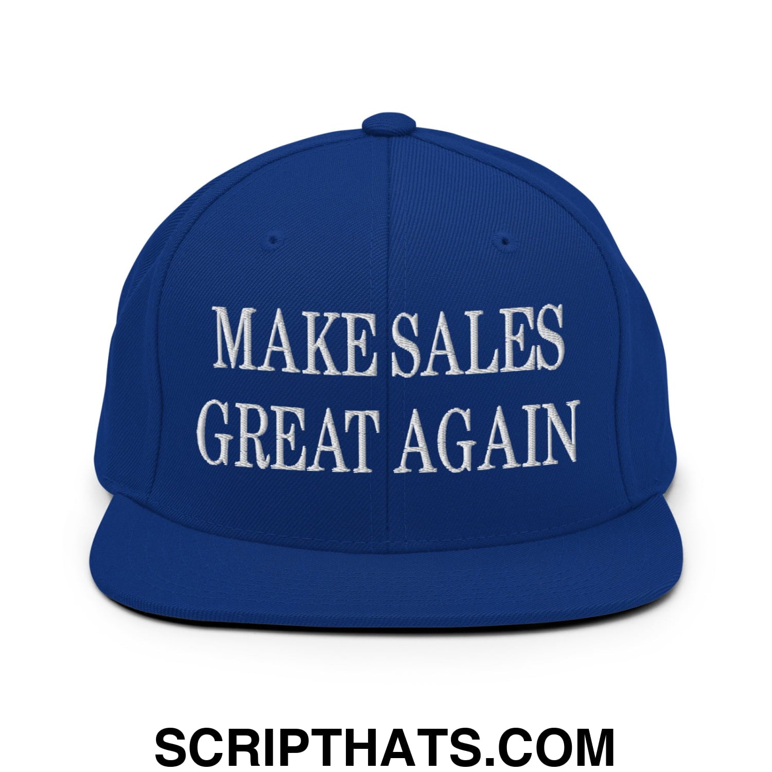 Royal blue flat bill snapback hat with white embroidered make sales great again text for sales motivation