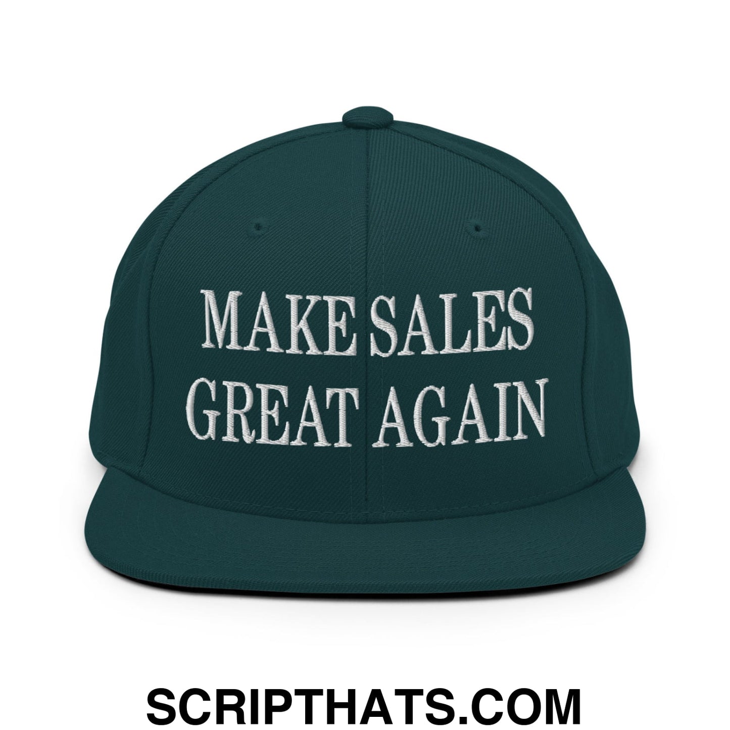 Dark green snapback cap with white embroidered text make sales great again and flat bill brim design