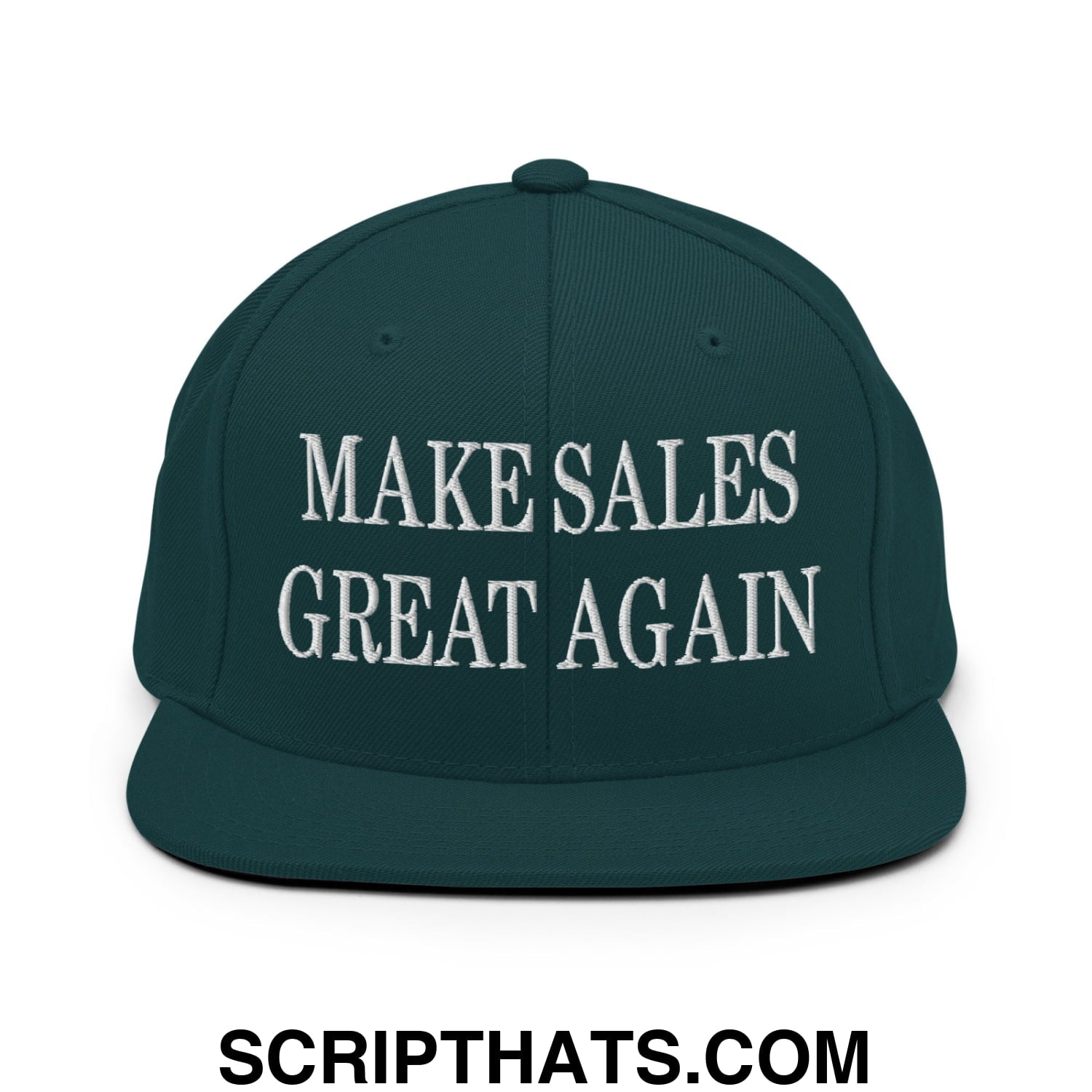 Dark green snapback cap with white embroidered text make sales great again and flat bill brim design
