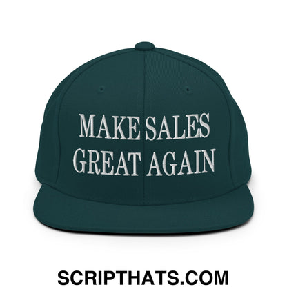 Dark green snapback cap with white embroidered text make sales great again and flat bill brim design