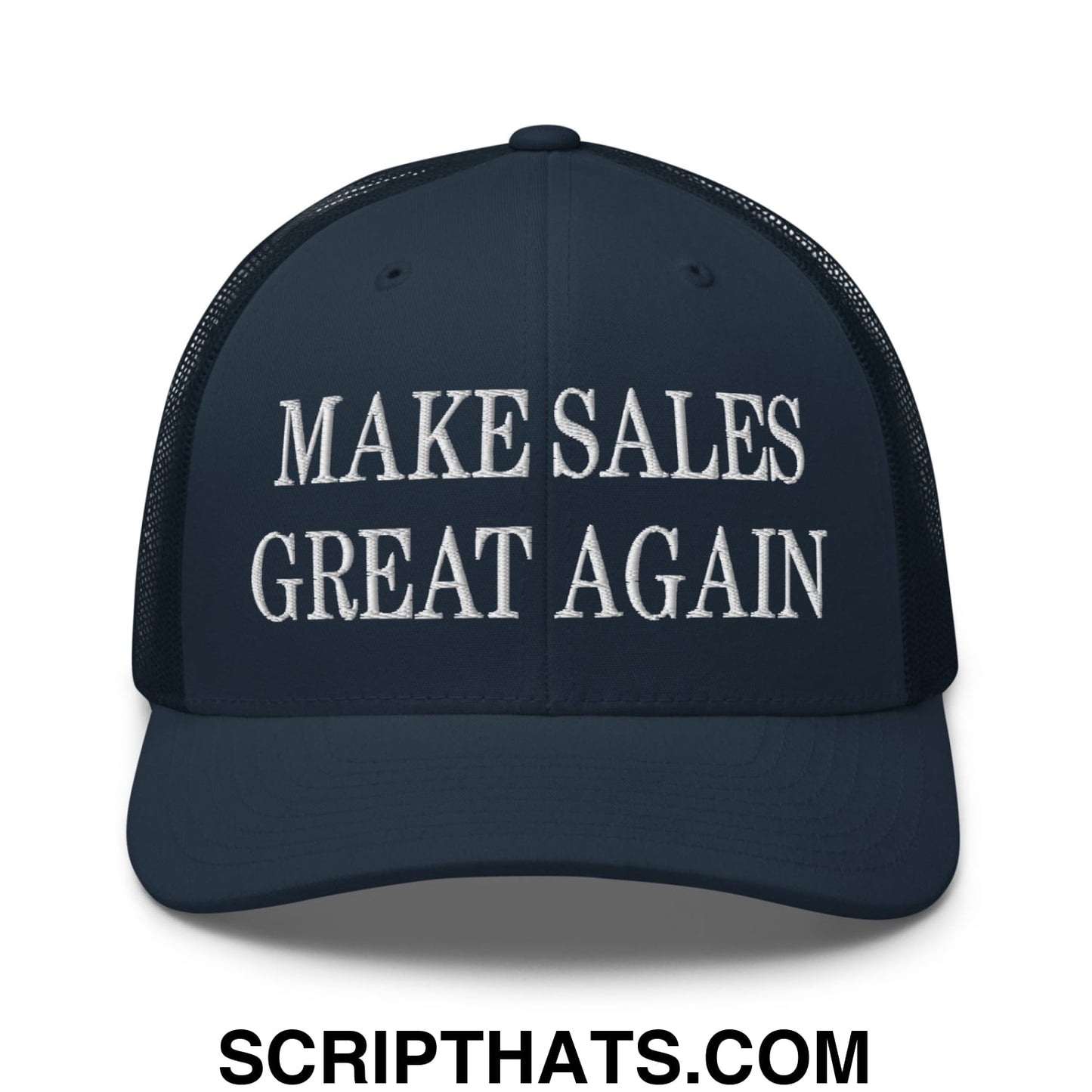 Dark navy blue mesh trucker hat with white embroidered make sales great again text on front panel