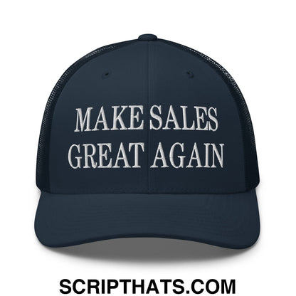 Dark navy blue mesh trucker hat with white embroidered make sales great again text on front panel