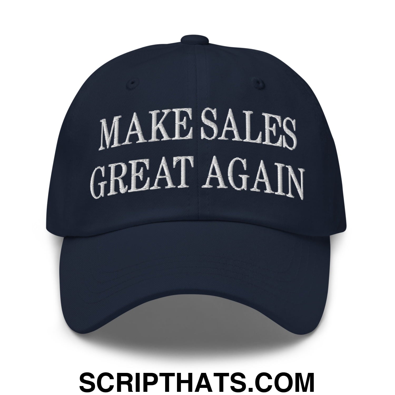 Navy blue unstructured dad hat with white embroidered text make sales great again for casual sales events