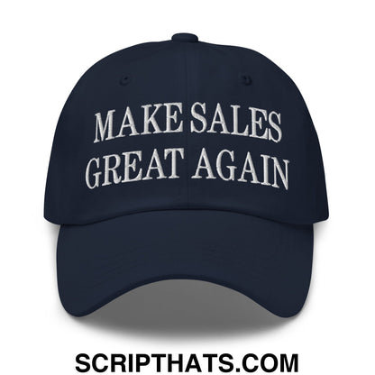 Navy blue unstructured dad hat with white embroidered text make sales great again for casual sales events