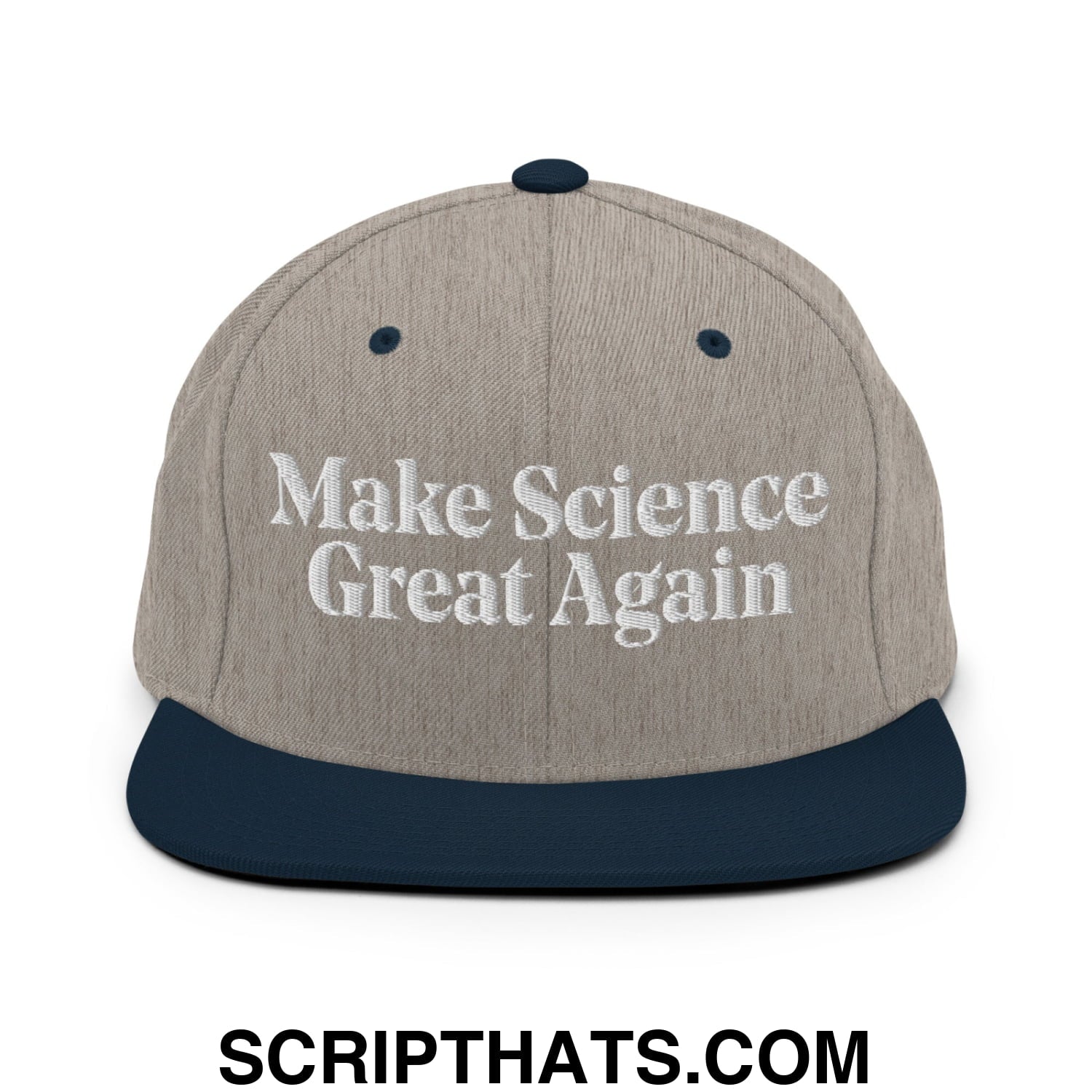 Make Science Great Again Embroidered Flat Bill Brim Snapback Hat Heather Grey Navy