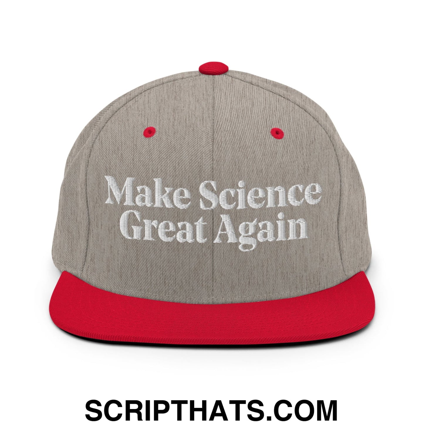 Make Science Great Again Embroidered Flat Bill Brim Snapback Hat Heather Grey Red