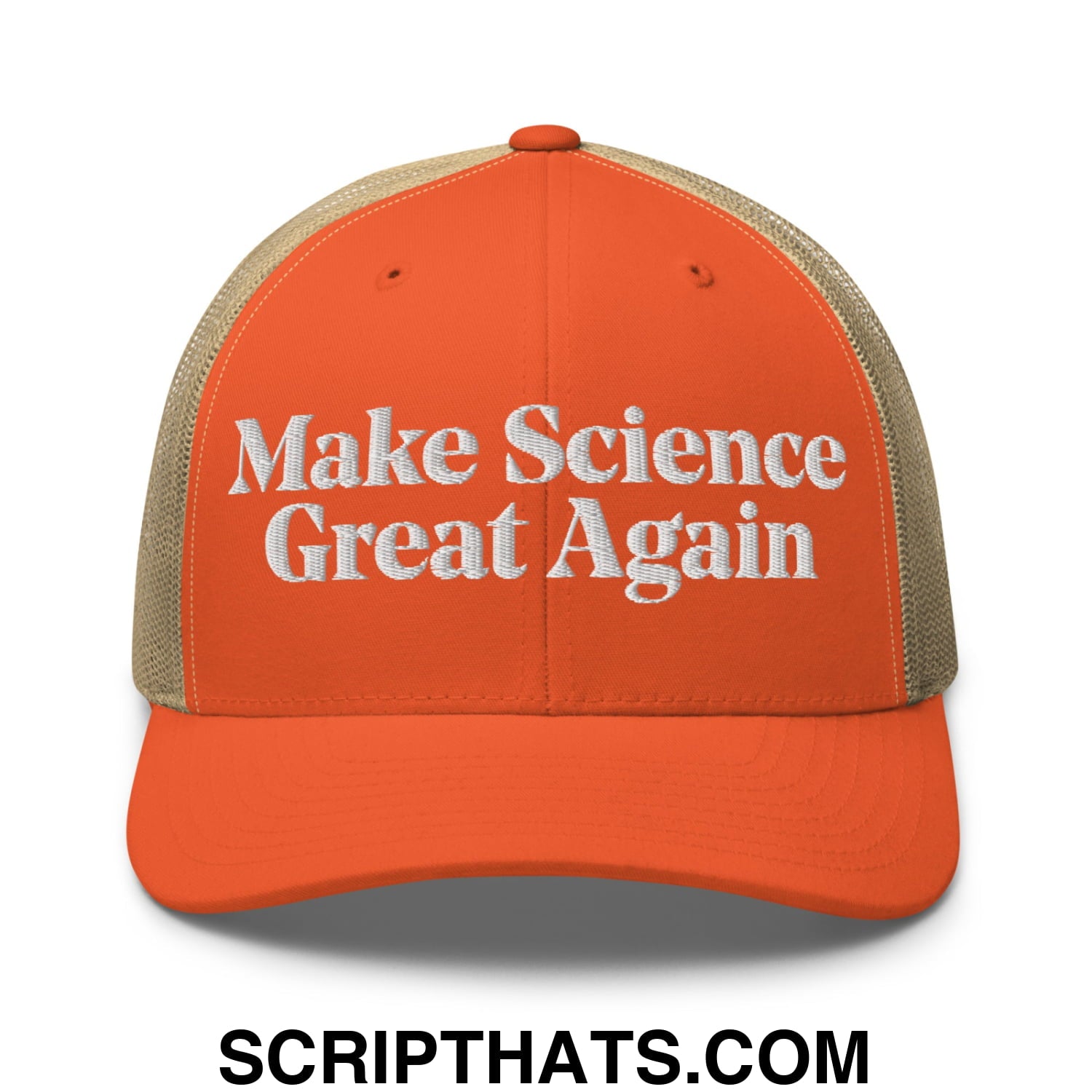 Make Science Great Again Embroidered Mesh Trucker Hat Rustic Orange Khaki