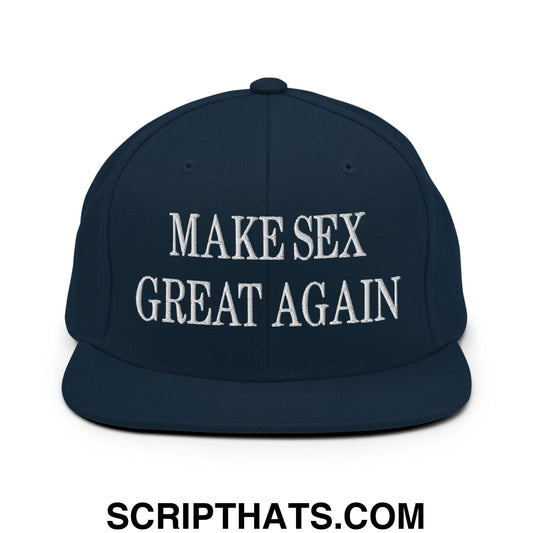 Navy blue snapback hat with white embroidered make sex great again text and flat bill brim design
