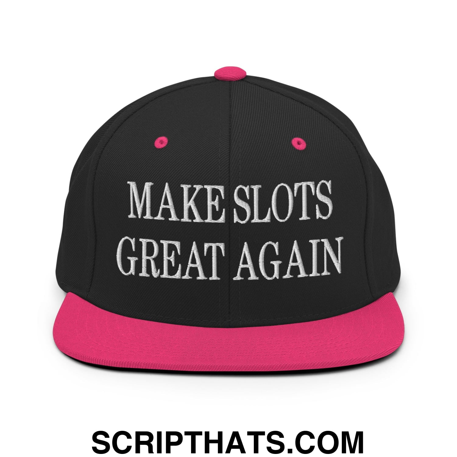 Black snapback cap with vibrant pink brim and button featuring white embroidered text make slots great again