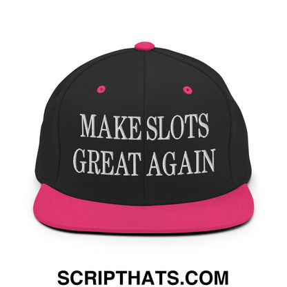 Black snapback cap with vibrant pink brim and button featuring white embroidered text make slots great again