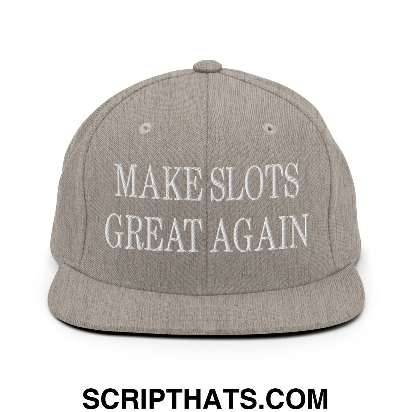 Gray snapback hat with white embroidered make slots great again text and flat bill brim in cotton material