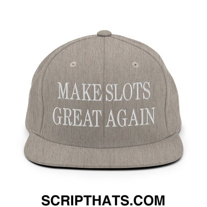 Gray snapback hat with white embroidered make slots great again text and flat bill brim in cotton material