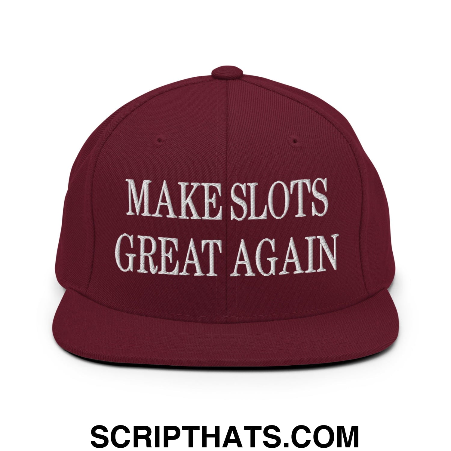 Maroon embroidered flat bill brim snapback hat with white make slots great again text for casual wear