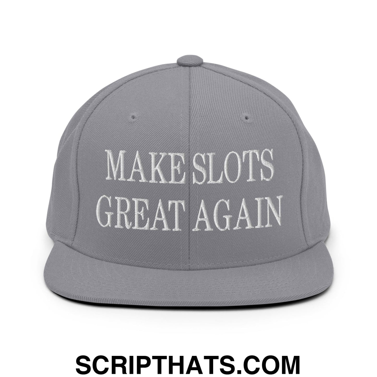 Gray snapback cap with white embroidered make slots great again text and flat bill brim for casual wear