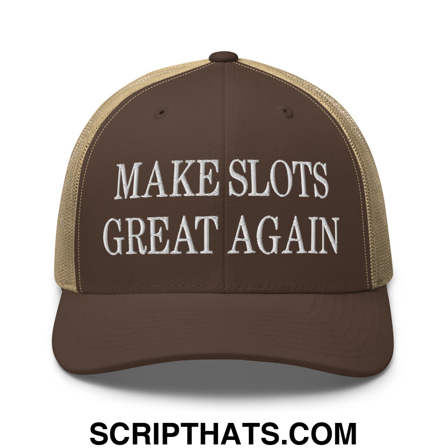 Brown and tan mesh trucker hat with white embroidered make slots great again text on front panel