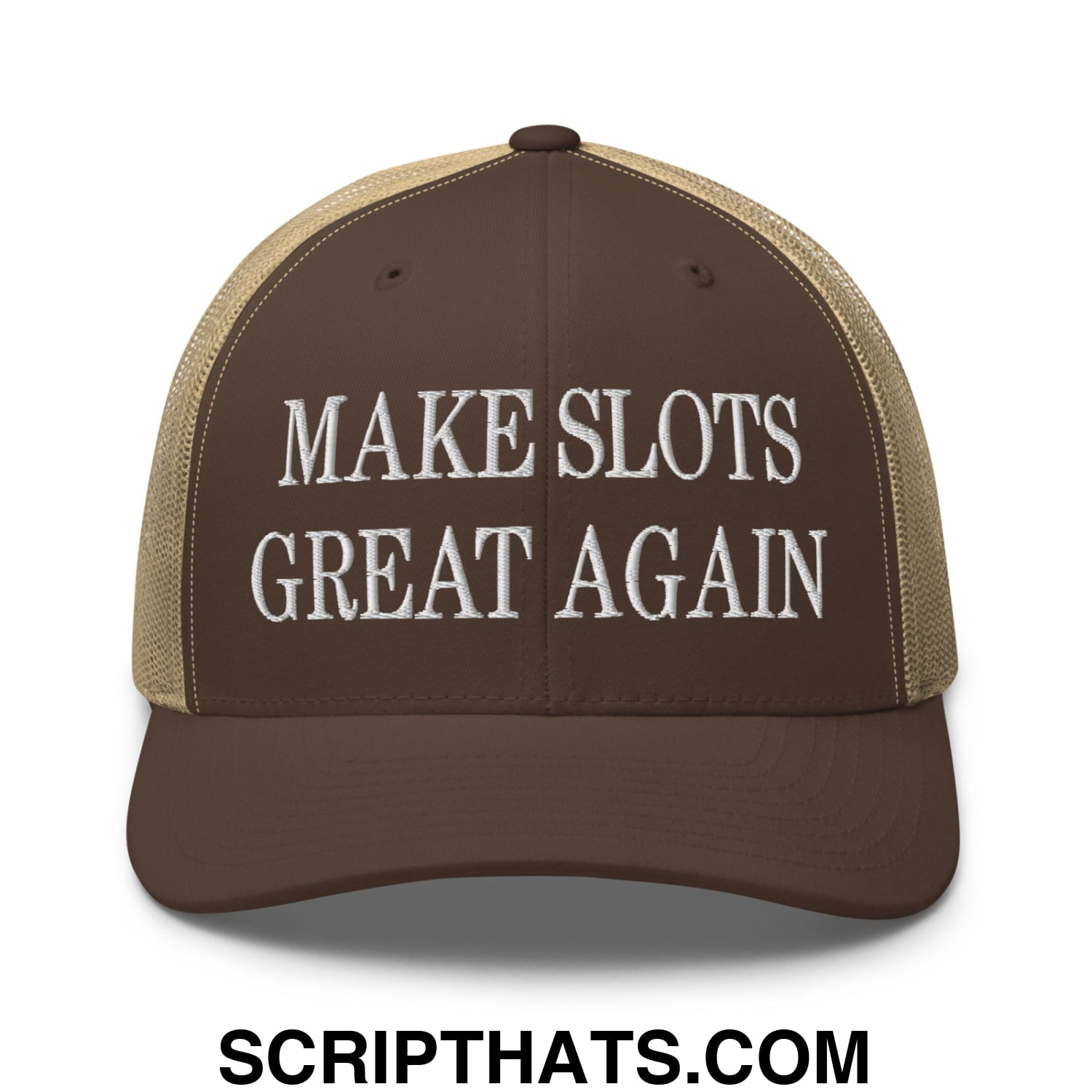 Brown and tan mesh trucker hat with white embroidered make slots great again text on front panel