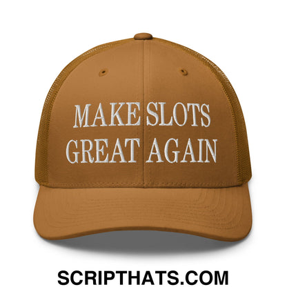 Tan mesh trucker hat with white embroidered make slots great again text on the front panel